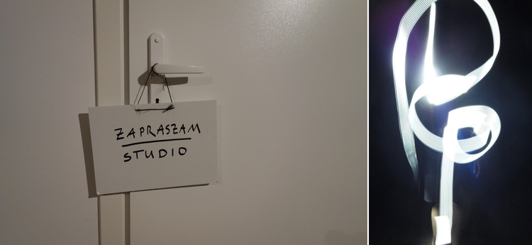 Warsztatowa część "wewnętrzna" składa się z całkowicie zaciemnionego studio fotograficznego, gdzie można poeksperymentować z malowaniem światłem. Wystawa "Oddźwięki" Jakuba Woynarowskiego, Miesiąc Fotografii w Krakowie 2014