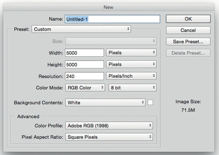 Przygotuj obszar roboczy 


Utwórz w Photoshopie nowy pusty dokument, wywołując polecenie Plik>Nowy. W oknie dialogowym, które pojawi się na ekranie, należy wpisać w polach Szerokość i Wysokość wartość 5000 pikseli, zaś Rozdzielczość ustawić na 240 px na cal. Upewnij się, że w rozwijanym menu Zawartość tła wybrana jest pozycja Białe, po czym kliknij przycisk OK, aby otworzyć nowy dokument.