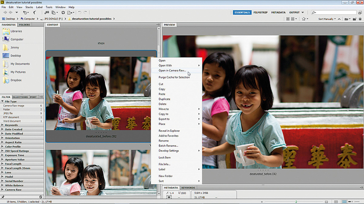 Otwieramy plik w Adobe Camera RawUruchom Adobe Bridge i otwórz plik desaturacja_tonacja_zdjecia_przed.dng. Kliknij go prawym przyciskiem myszy i wybierz opcję Otwórz w Camera Raw, aby obraz wyświetlony został w oknie modułu ACR. Photoshop nie musi być wówczas uruchomiony.