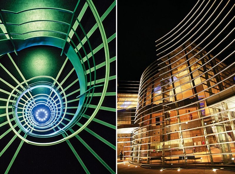 Po lewej - Spirale połączone z interesującym
oświetleniem, chromowanymi
barierkami także mogą być świetnym
obiektem Waszych zainteresowań.
Tego typu super ostre ujęcie może na
długo przykuć wzrok widza. Zdjęcie
powyżej prezentuje schody w budynku
Southbank University w Londynie.



Po prawej - Noc jest świetną porą do
fotografowania architektonicznych
abstrakcji, gdy jest ciemno, budynki ze
zwykłych brył zmieniają się w iluminujące
linie, kształty i formy. Christchurch
Art Gallery w Nowej Zelandii jest
piękna za dnia, ale nocą staje się
jeszcze piękniejsza.