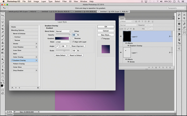 Wywołaj Edycja>Zdefiniuj ustawienie domyślne
pędzla. Utwórz nową warstwę, naciśnij
[Alt] + [Delete], aby wypełnić ją kolorem,
wywołaj Warstwa>Styl Warstwy>Nałożenie
gradientu. Kliknij pasek podglądu gradientu,
następnie dwukrotnie małe kwadraty, aby
wybrać dwa kolory.