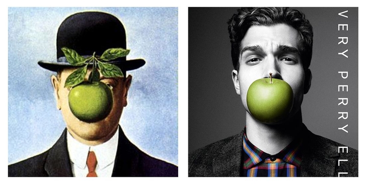 Po lewej: "The Son of Man", René Magritte (1964 r.)



Po prawej: fot. Daniel Jackson dla Perry Ellis (2013 r.)